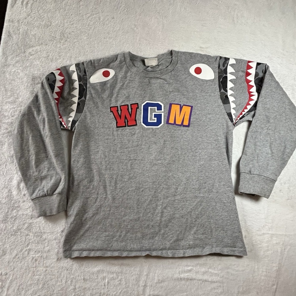 Bape Bathing Ape Camo Shark Shoulder T-shirt Grey Size M Collection Long Sleeve